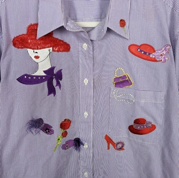 Vintage 90s Tia Design L Button Up Shirt Top Blouse Heels Hats Shopping Novelty - Picture 3 of 10